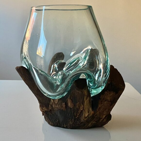 Handmade Art Glass Wood Vase Blown Molten Glass Bowl Teak Base Terrarium NEW - Picture 6 of 16